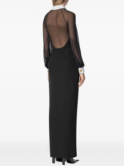 Black Long Dress with Sheer Sleeves & Gold Buttons - Elegant & Chic