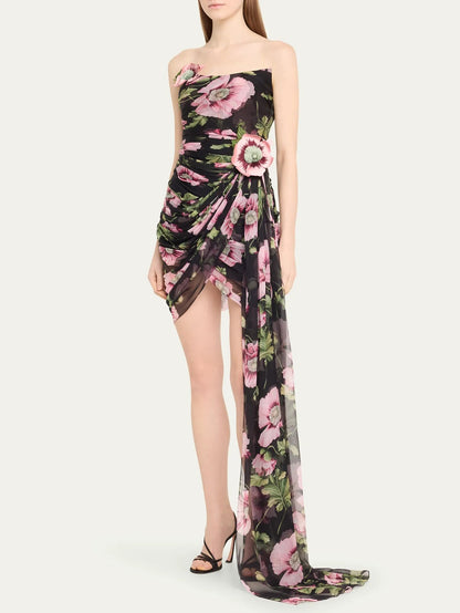 Floral Draped Mini Dress with Train