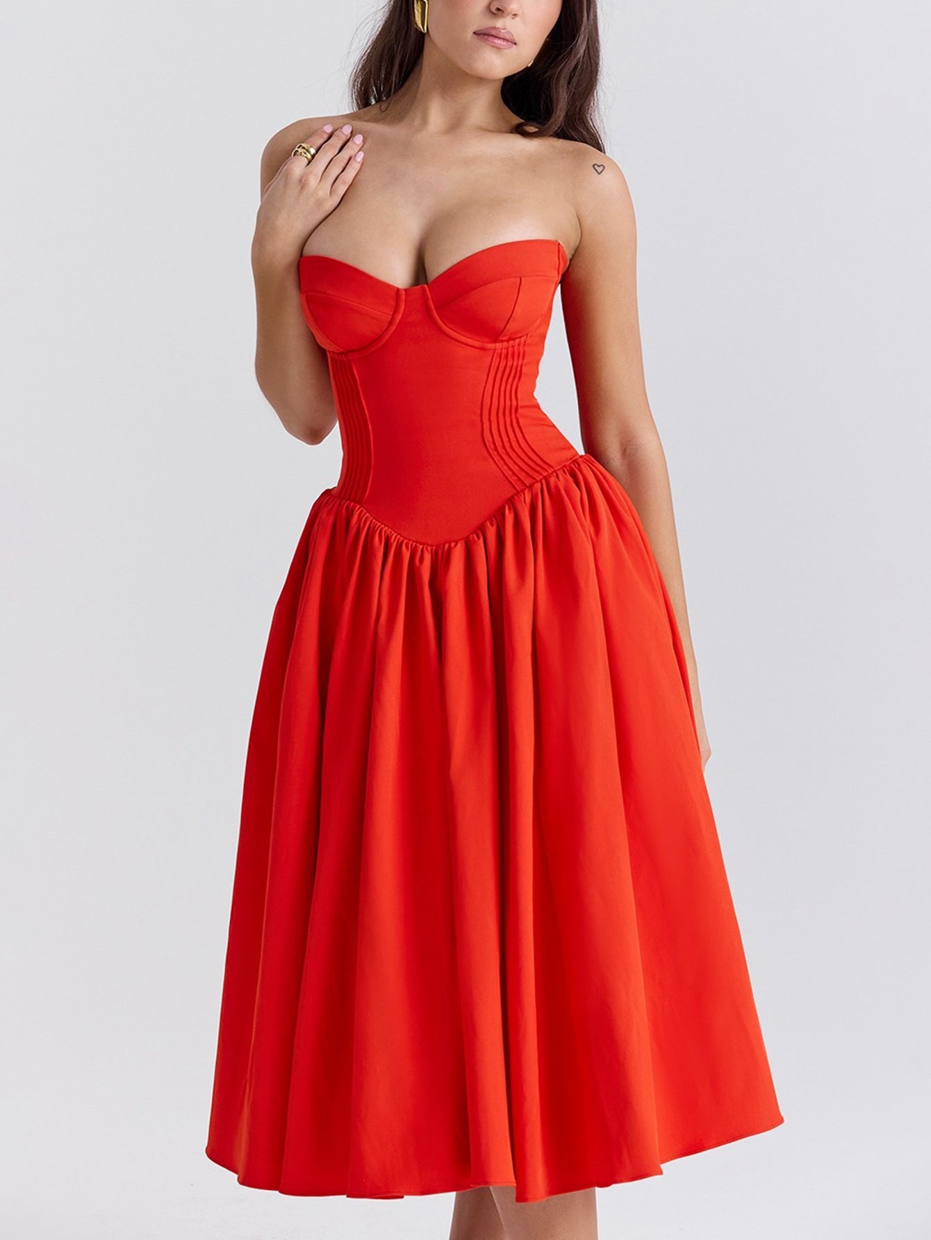 Strapless Pleated Flare Midi Dress