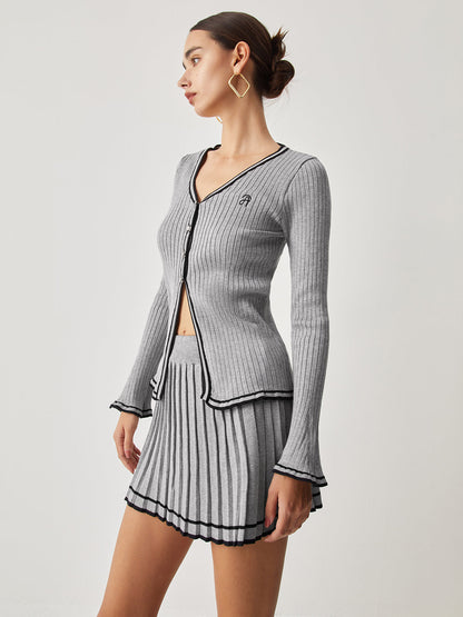 Contrast Trim Curved Cardigan With Matching Pleat Mini Skirt