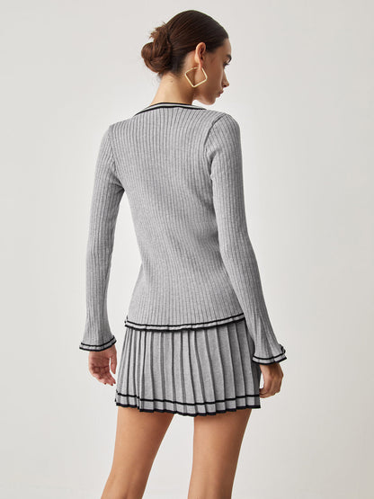 Contrast Trim Curved Cardigan With Matching Pleat Mini Skirt