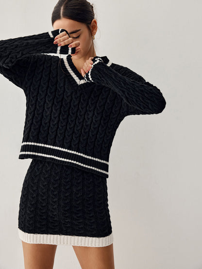 Contrast Trim Cable Knit Sweater With Matching Skirt