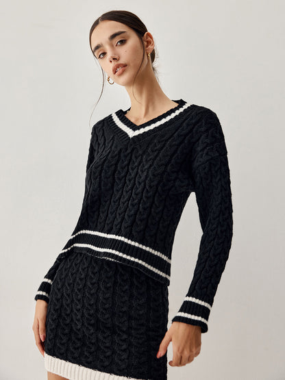 Contrast Trim Cable Knit Sweater With Matching Skirt