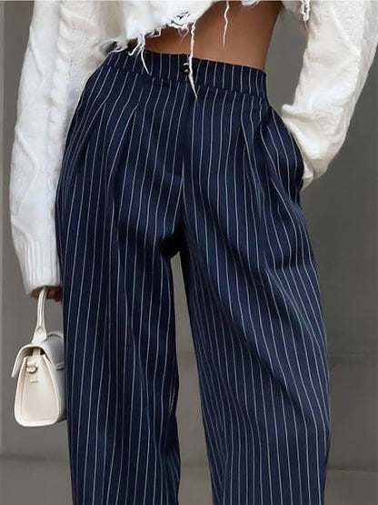 Pinstripe Pleated Wide-Leg Pants