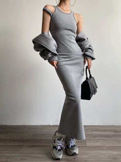 Asymmetrical Crew Neck Split Maxi Dress