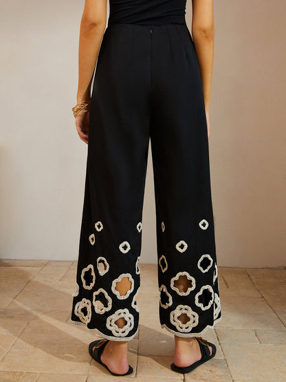 Cotton Hollow Embroidered Cropped Pants