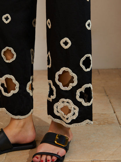 Cotton Hollow Embroidered Cropped Pants