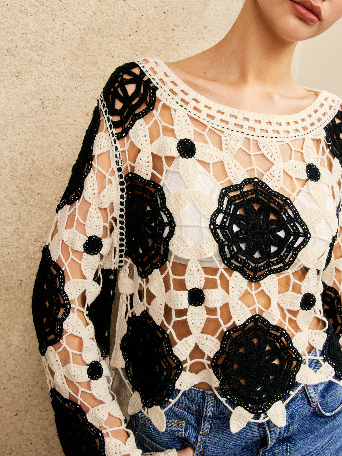 Cutout Crochet Flower Sweater