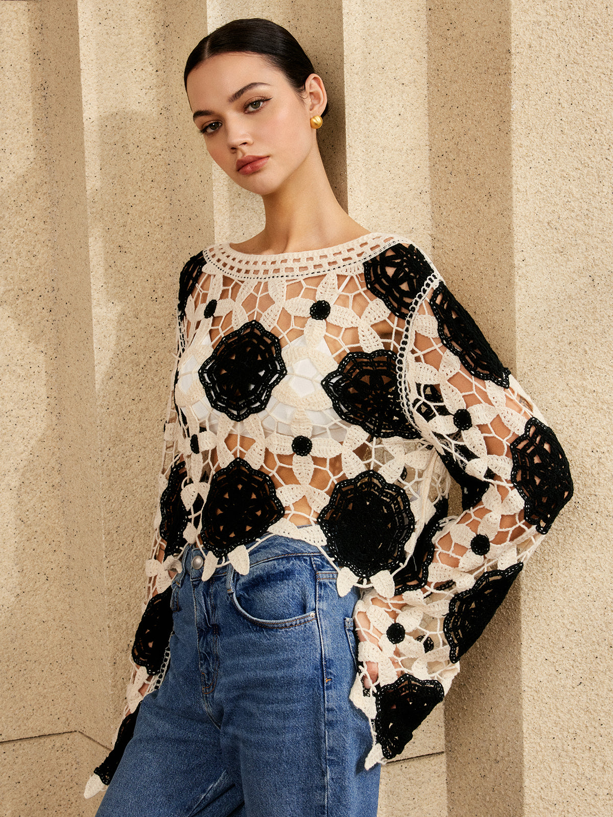 Cutout Crochet Flower Sweater