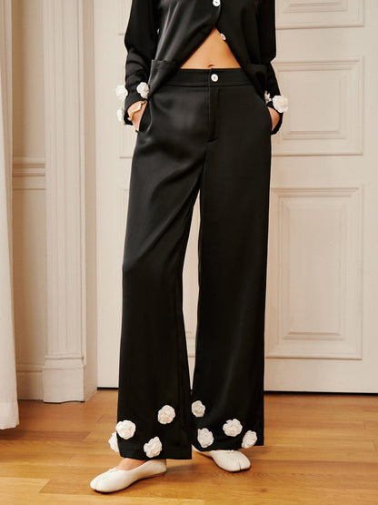 Satin 3D Flower Button Pants