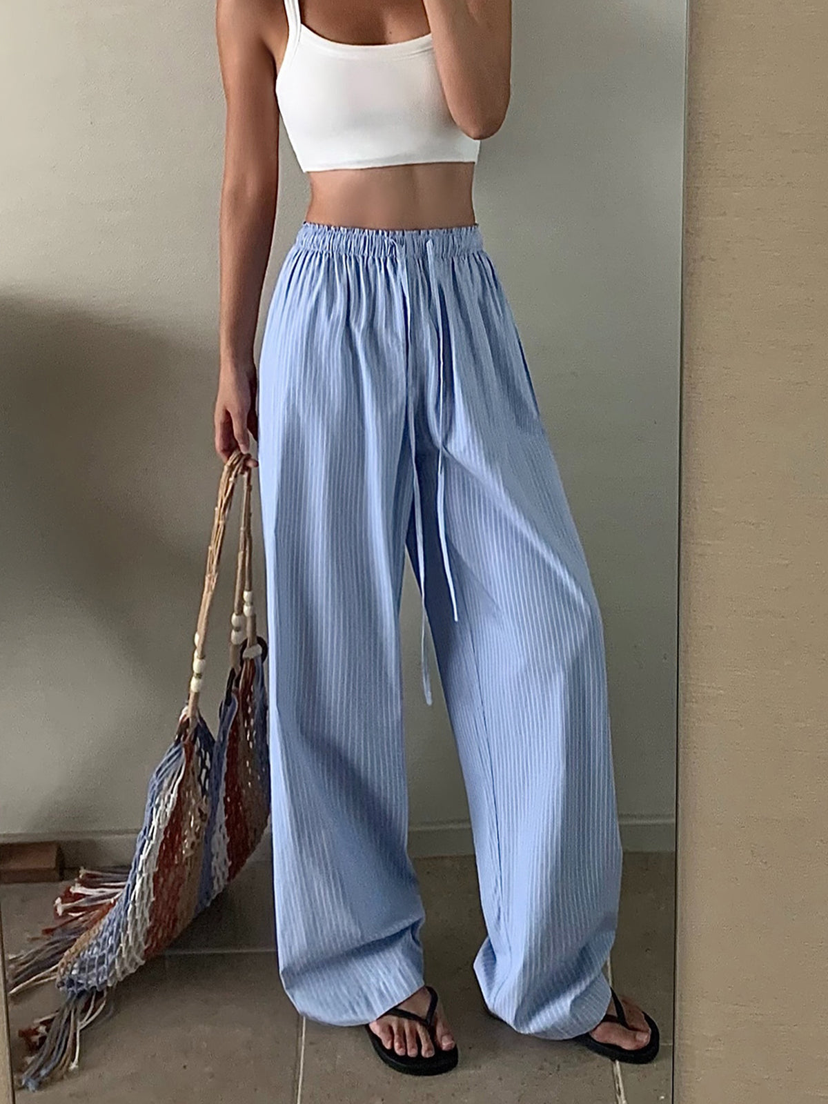 Pinstripe Drawstring Wide-Leg Pants