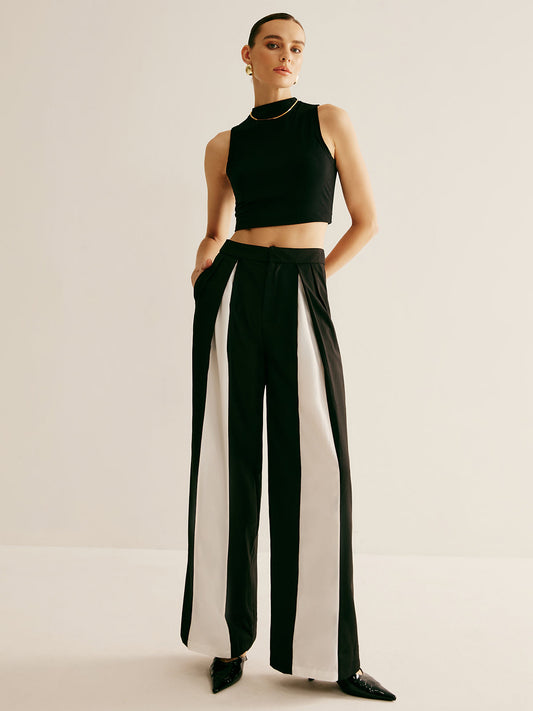 Pleated Patchwork Wide-Leg Pants