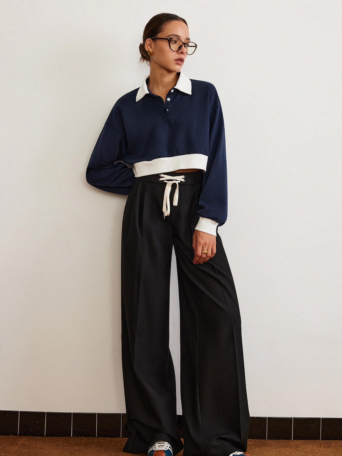 Plain Drawstring Wide-Leg Pants