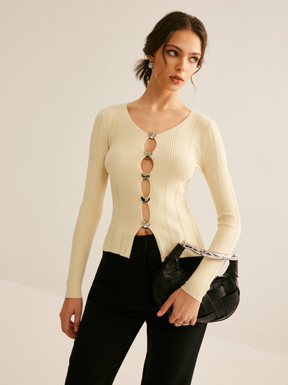 Cutout Metal Button Knit Top