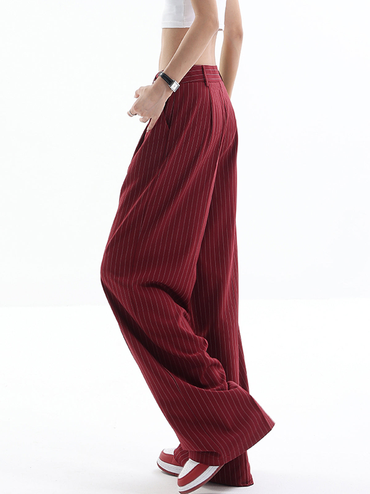 Asymmetrical High-Waist Pinstripe Pants