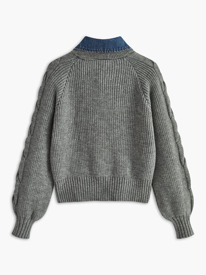 Denim Panel Ribbed Lapel Sweater