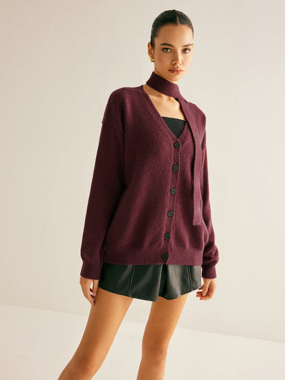 V-Neck Button Knit Outerwear With Scarf