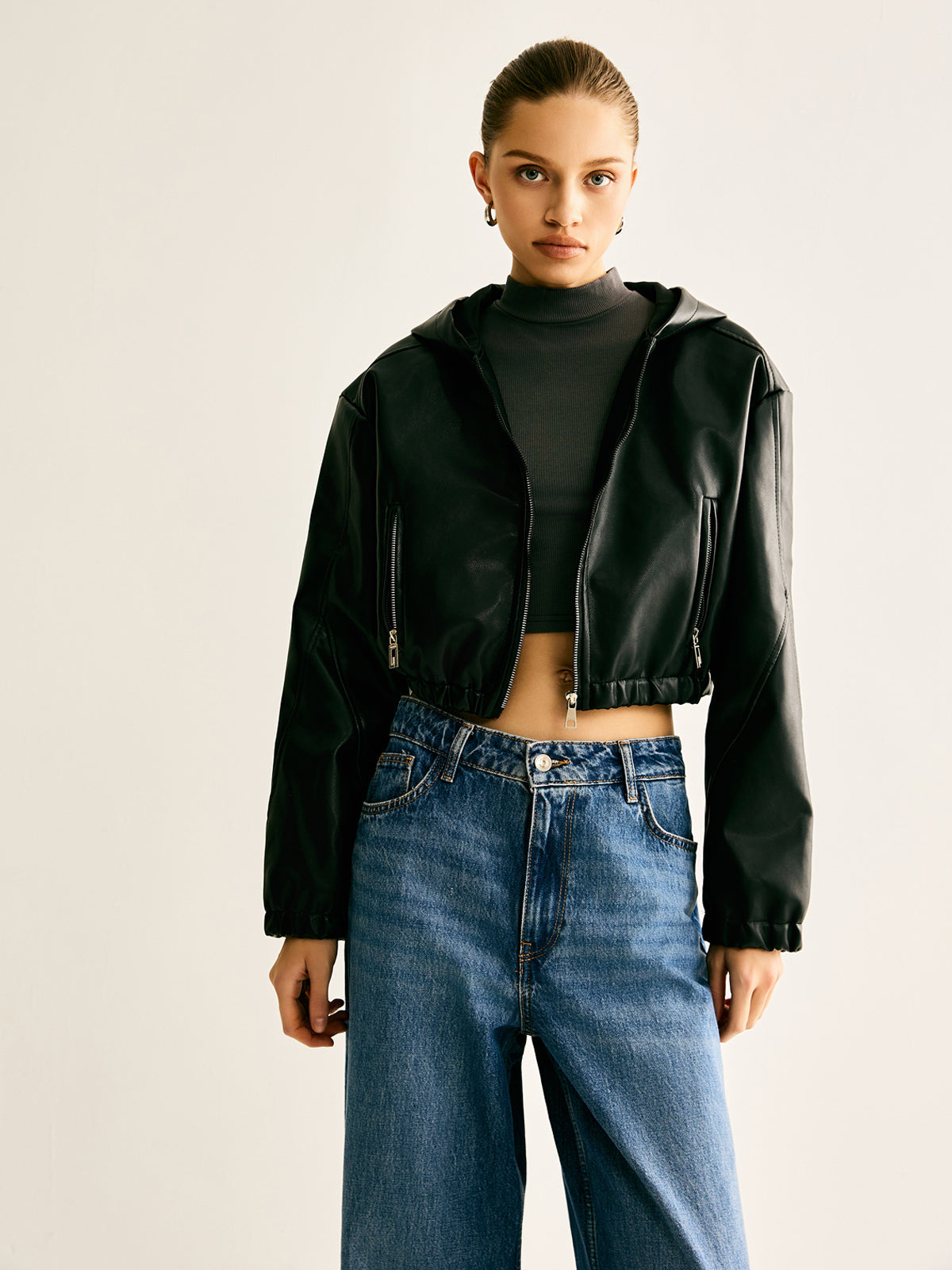 Hooded PU Leather Crop Jacket