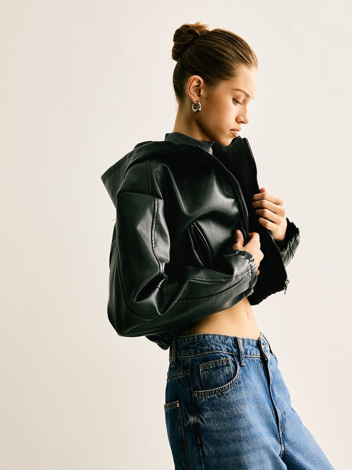 Hooded PU Leather Crop Jacket