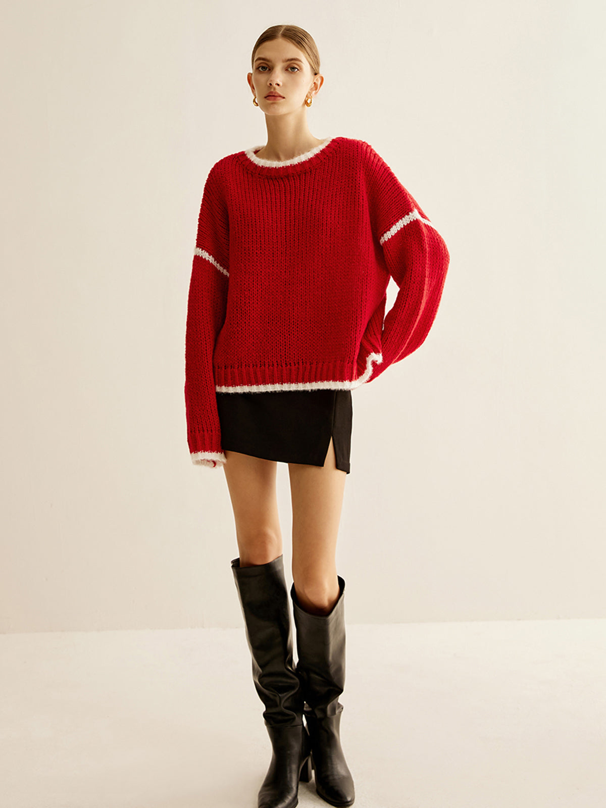 Crew Neck Contrast Binding Sweater