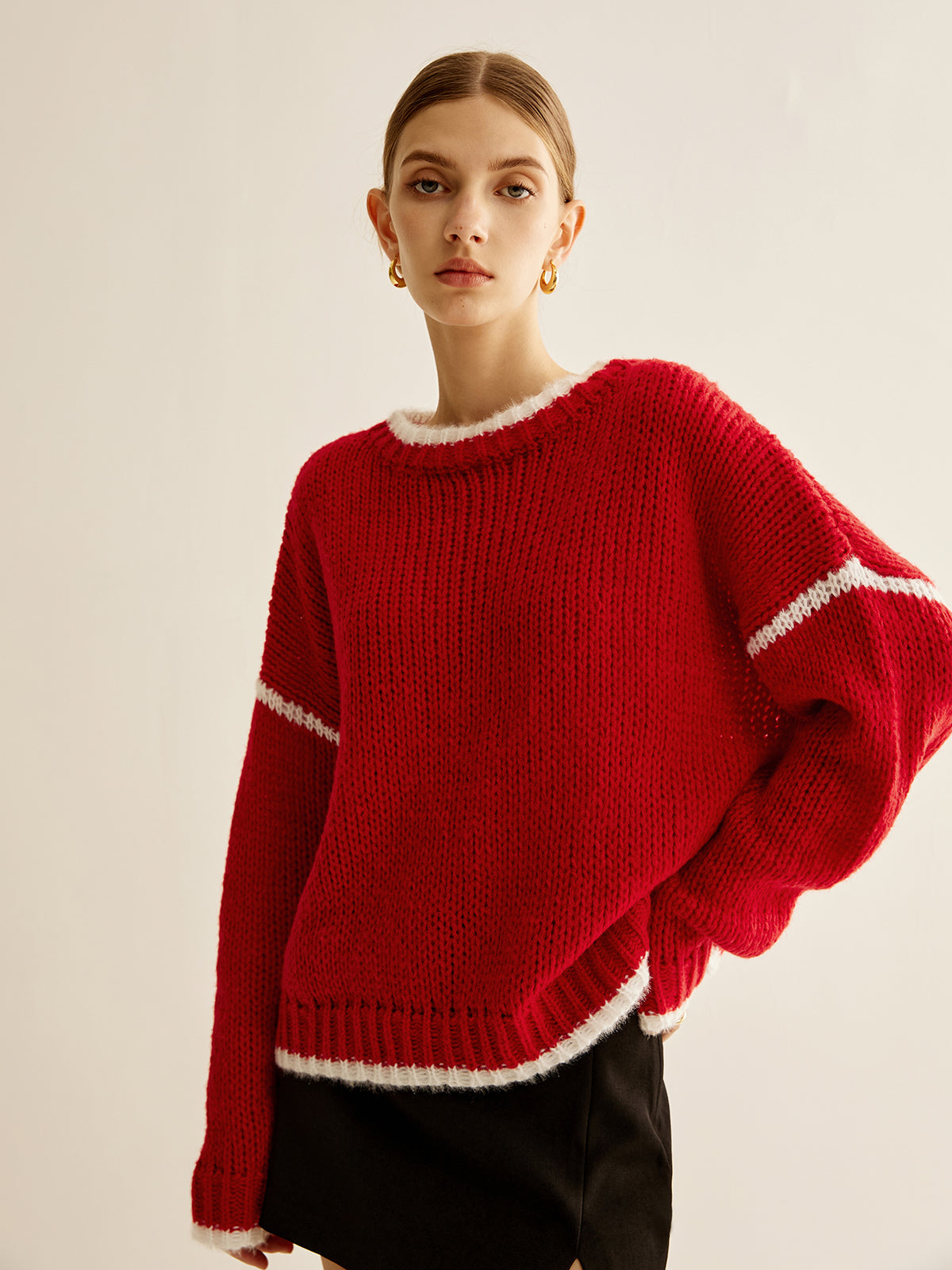 Crew Neck Contrast Binding Sweater