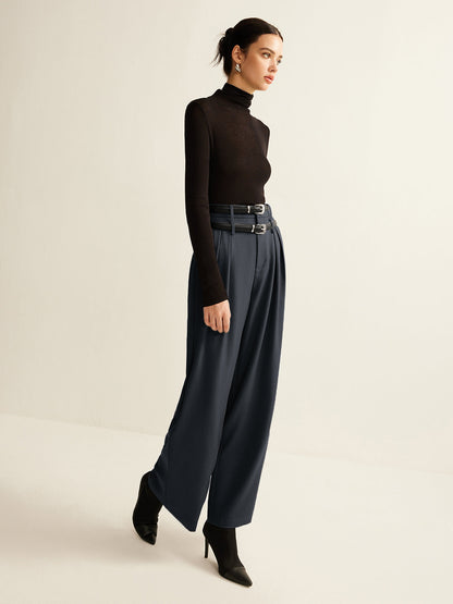 Double-Belt Pleated Straight Pants