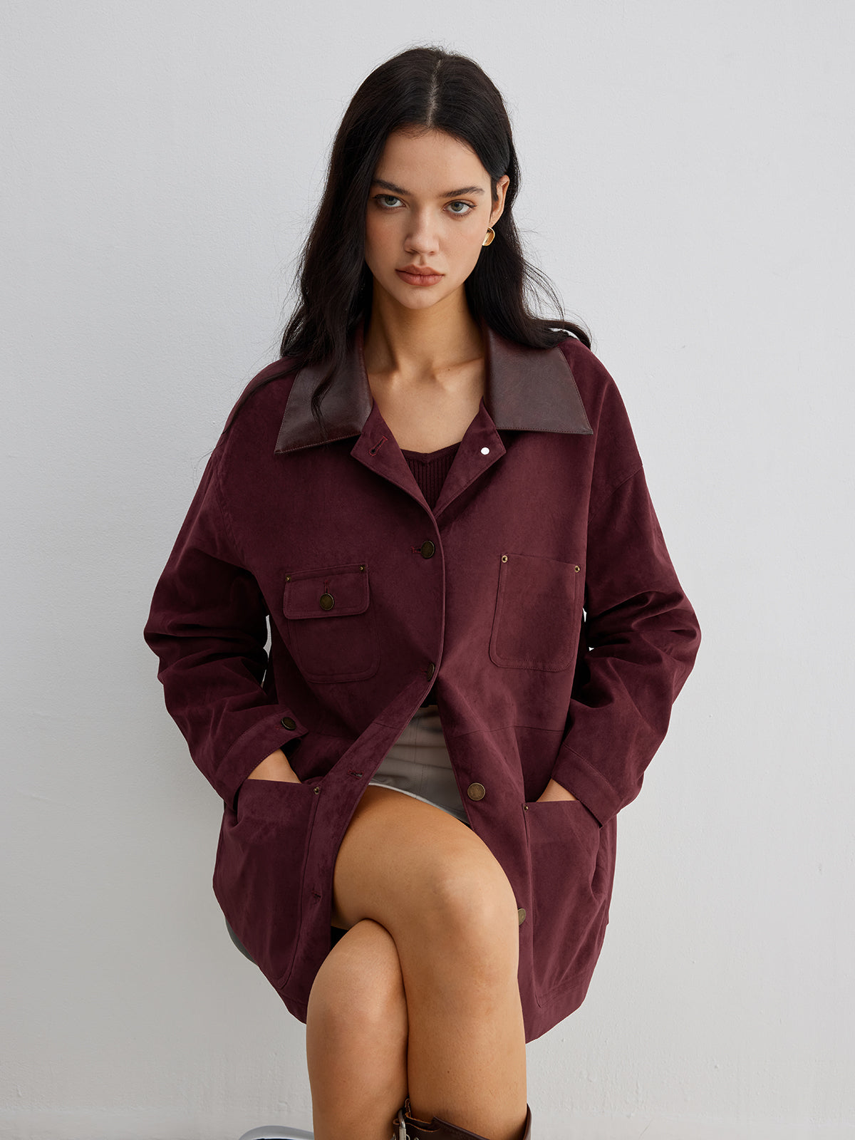 Suede Contrast Collar Pockets Jacket