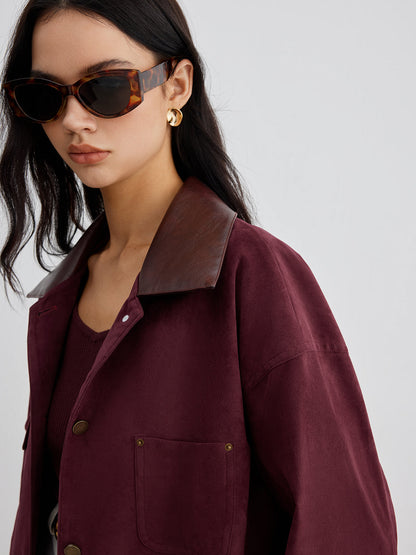 Suede Contrast Collar Pockets Jacket