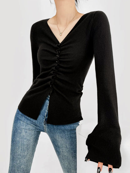 Elegant Button Pleated Knit Top