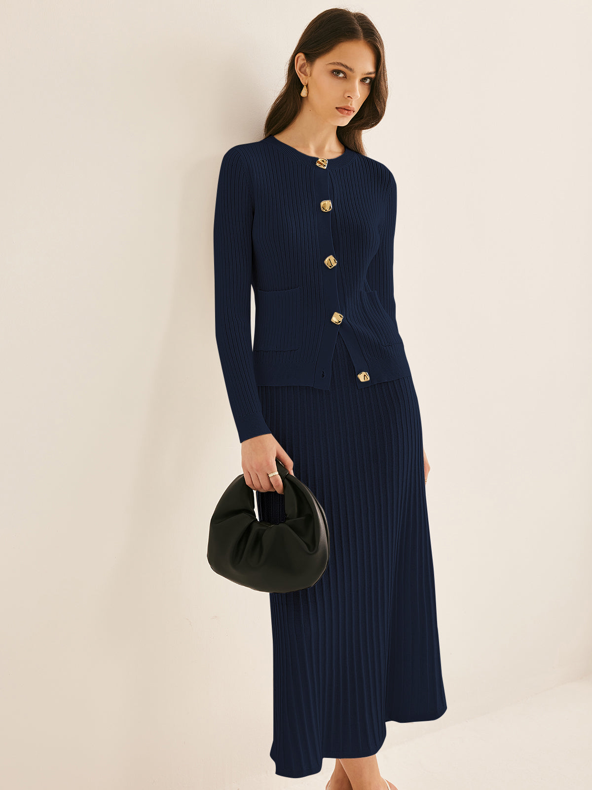 Elegant Button Pleated Sweater Co-ords