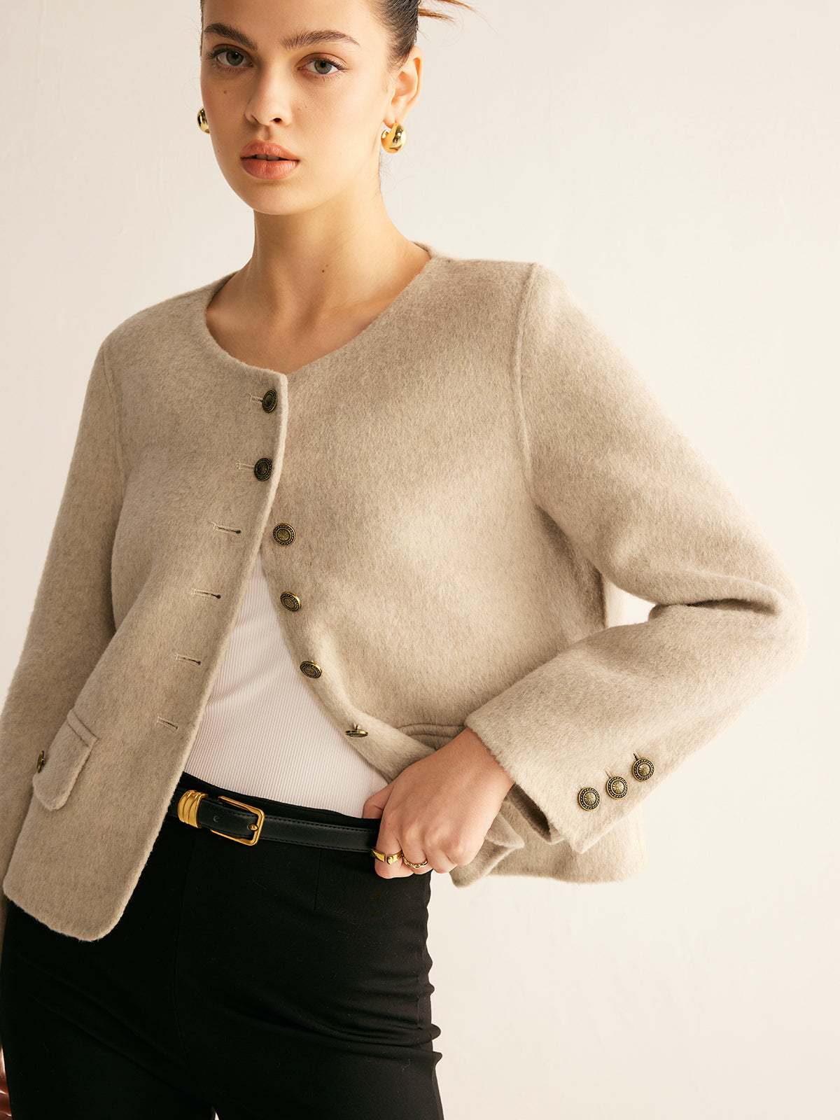 Wool-Blend Elegant Button Blazer