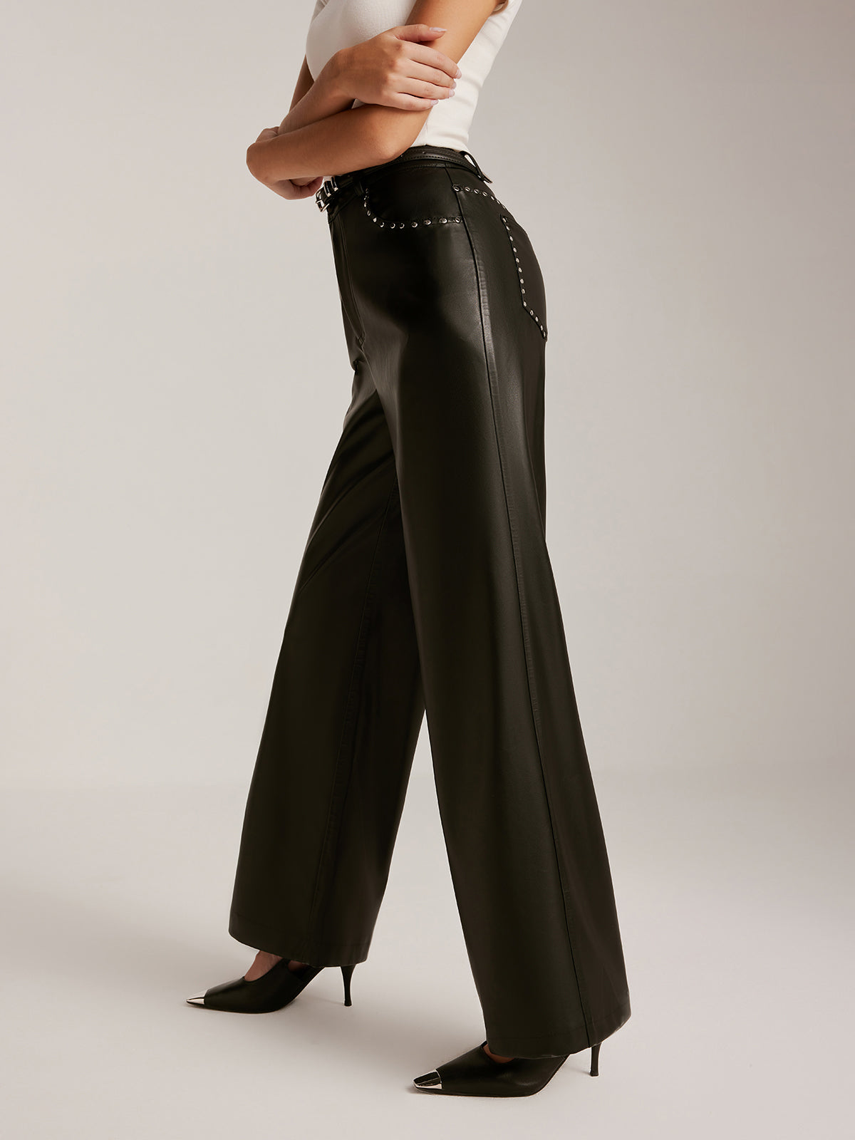 Studded-Decor PU Leather Straight Pants