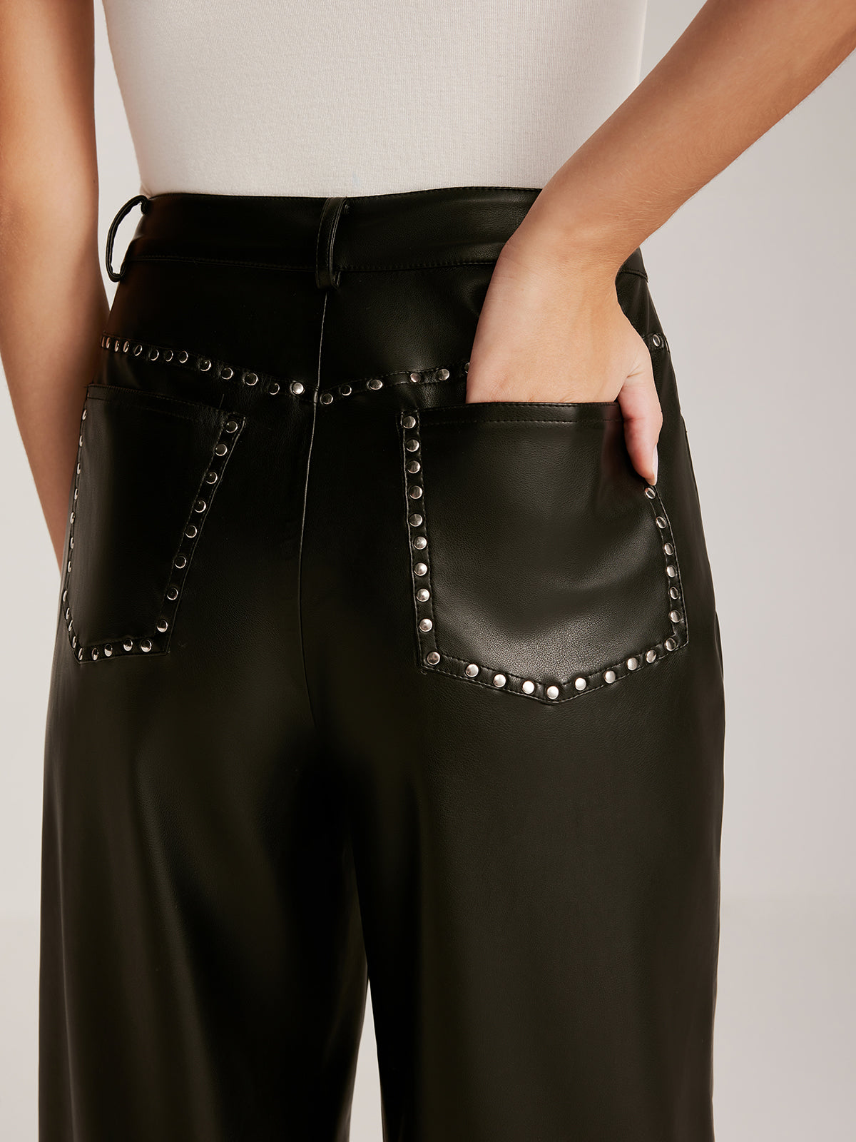 Studded-Decor PU Leather Straight Pants