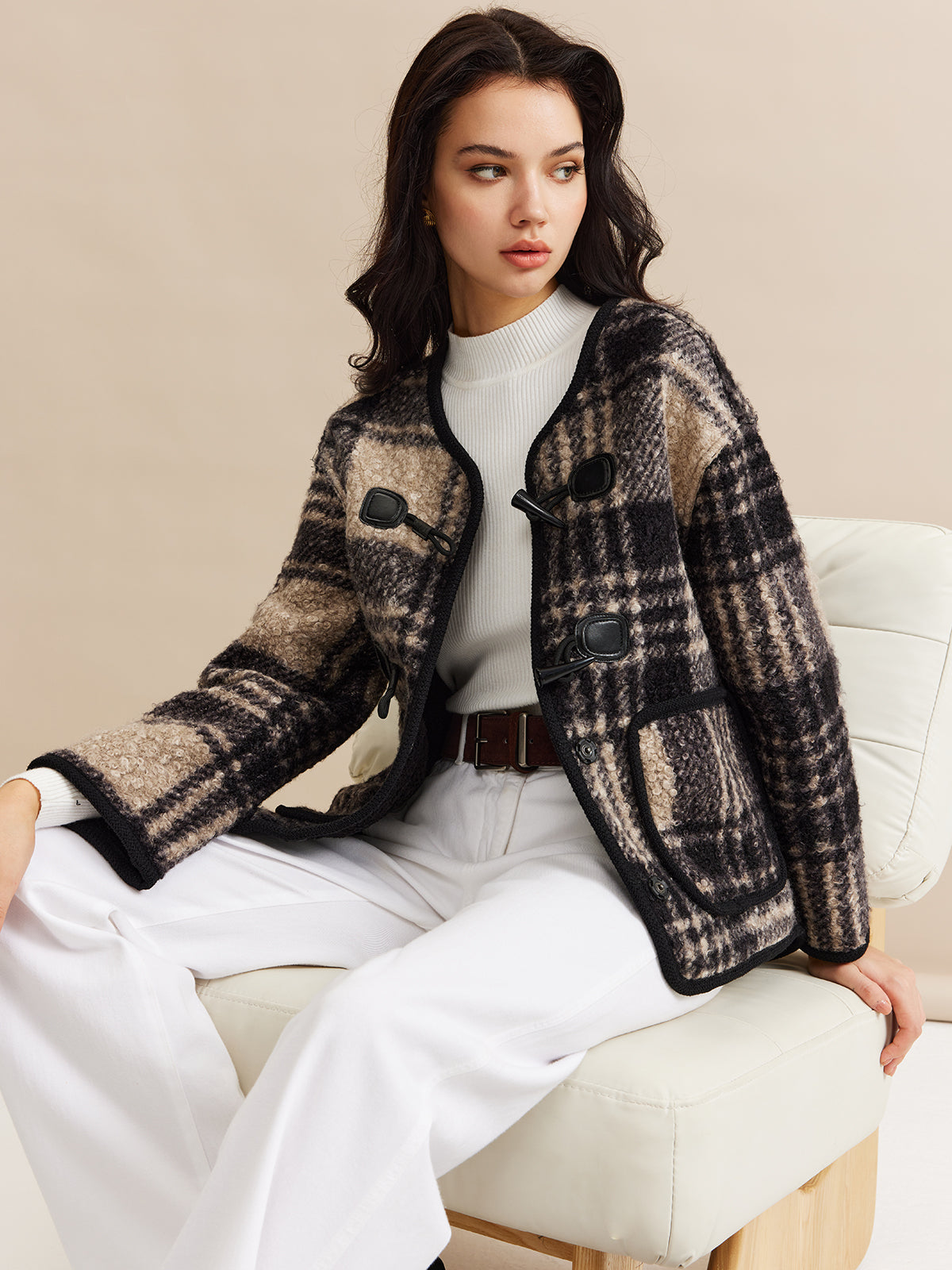 Contrast Trim Checked Tweed Coat