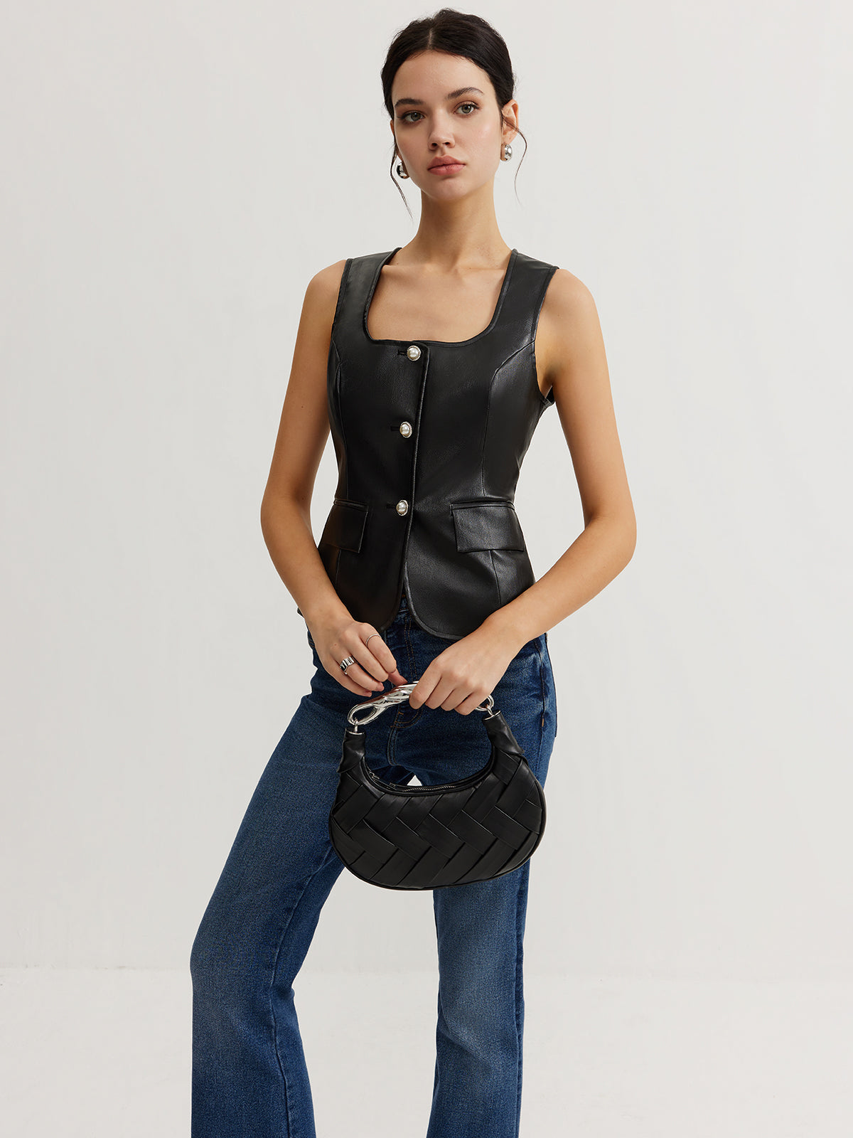 Faux Leather Button Vest