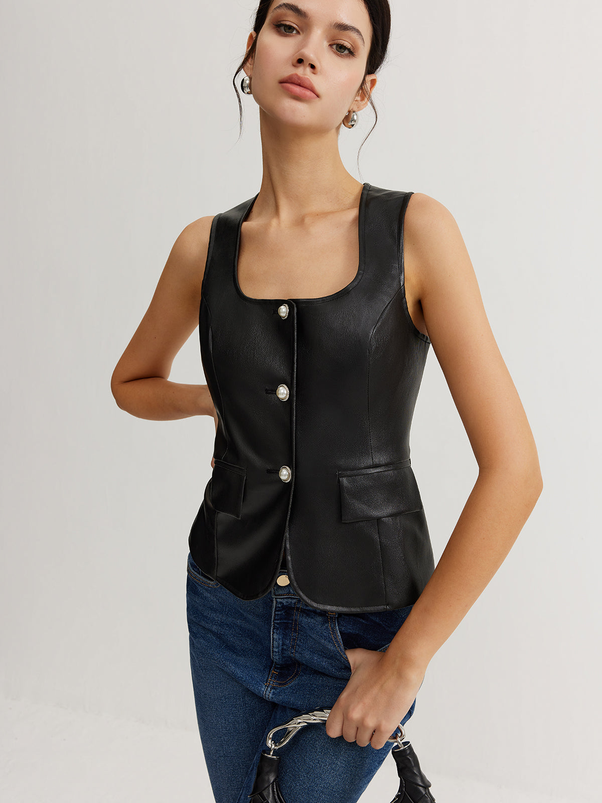 Faux Leather Button Vest