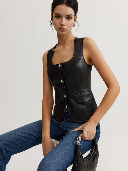 Faux Leather Button Vest