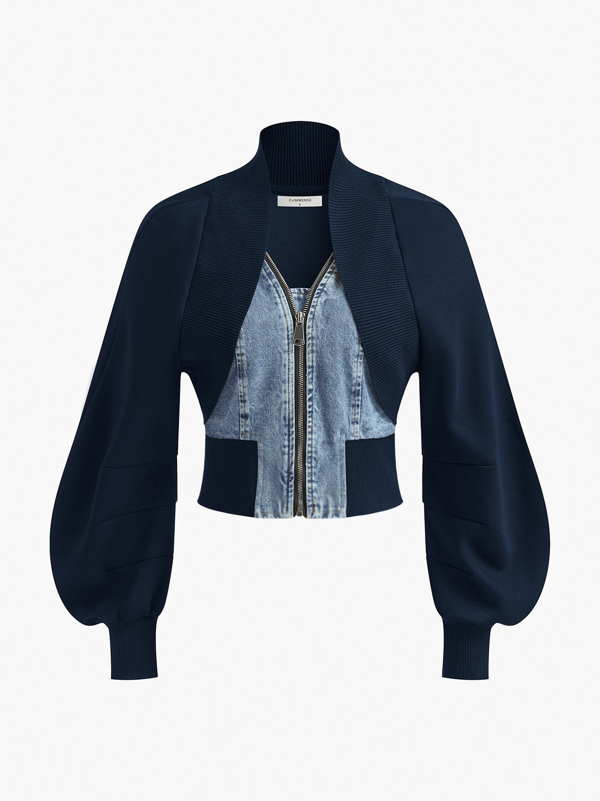 Puff-Sleeve Denim Panel Slim Jacket