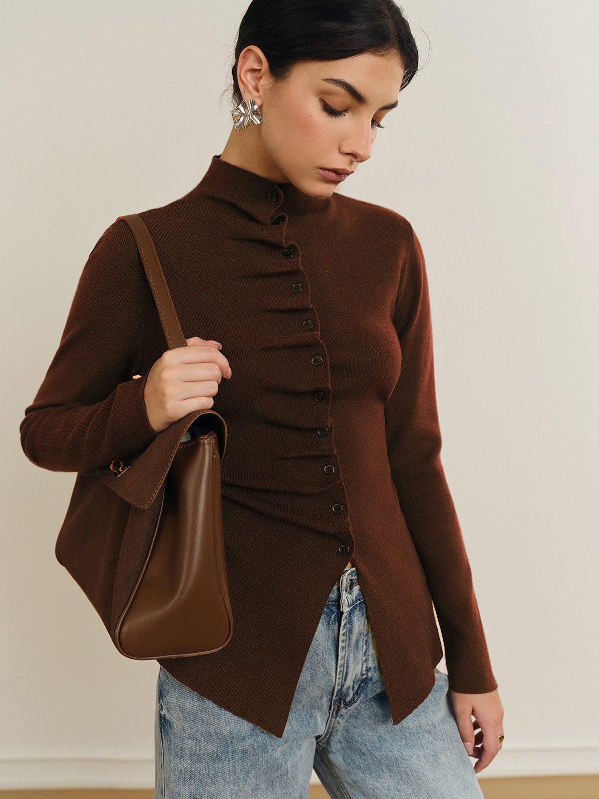 Button Pleated Split Knit Top