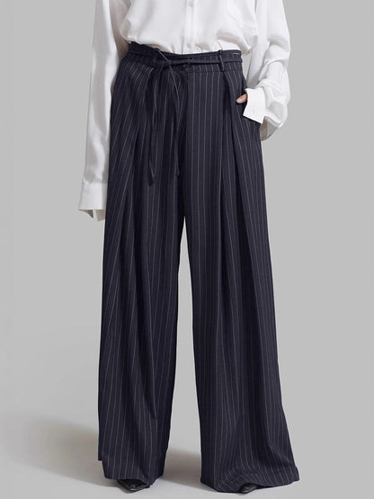 Drawstring Pinstripe Wide-Leg Pants