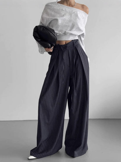 Drawstring Pinstripe Wide-Leg Pants