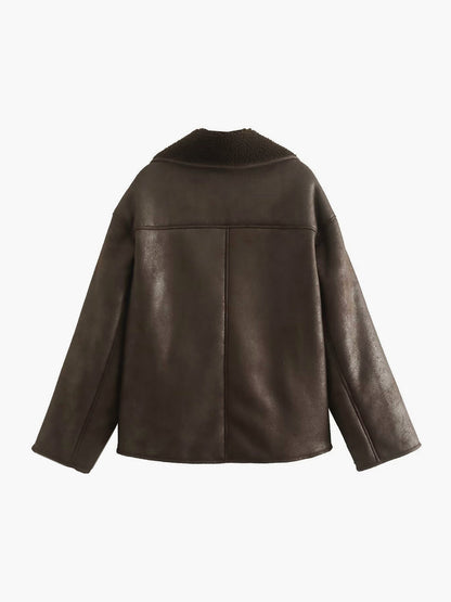 Lapel Faux Leather Warm Jacket