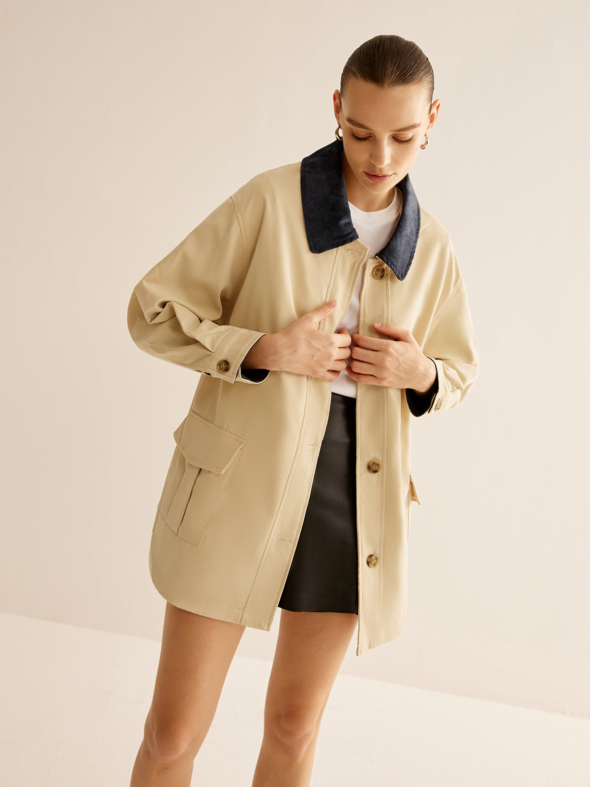 Cotton Contrast Collar Button Jacket