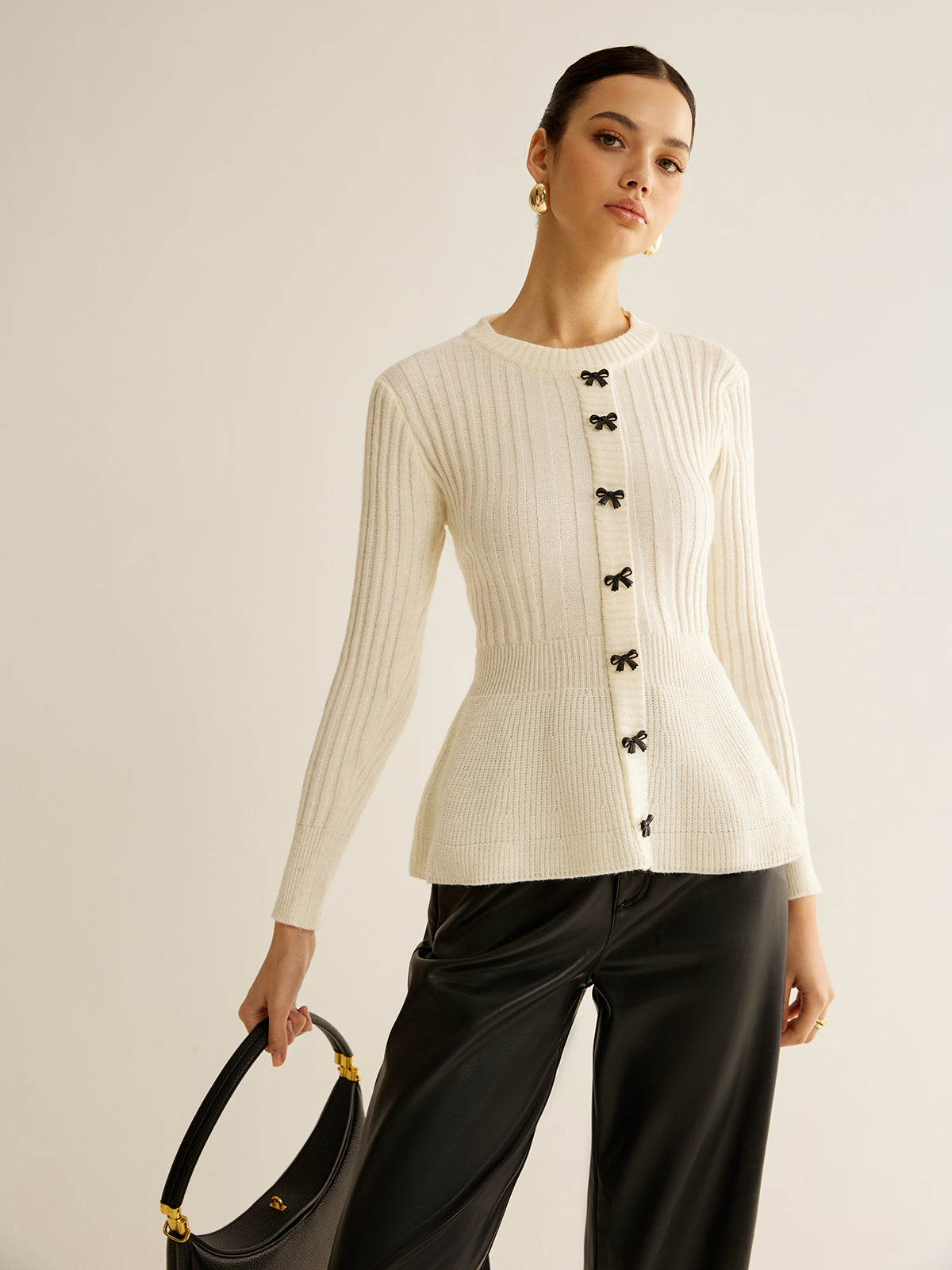 Bow Decor Ruffle Knit Top