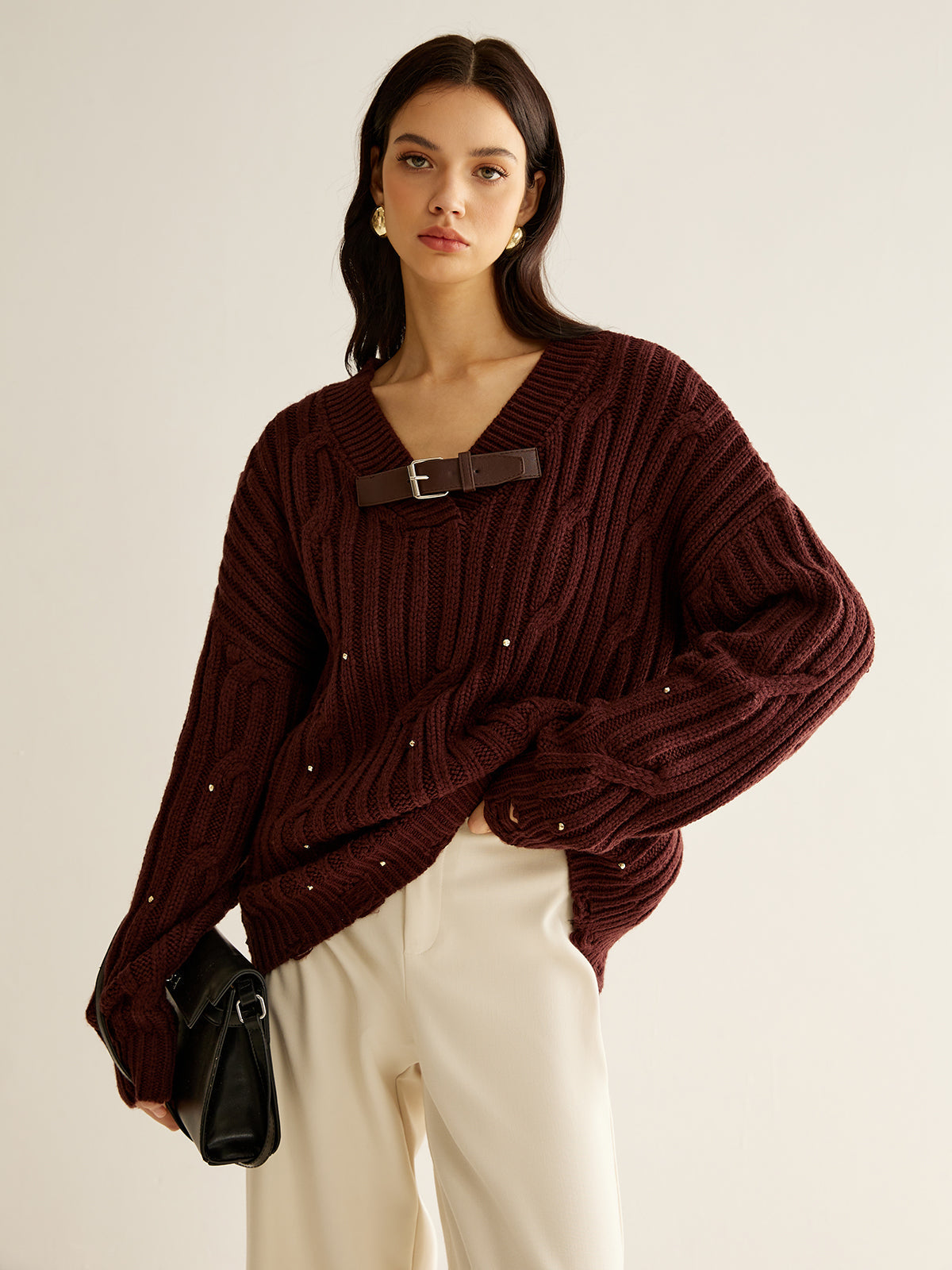 Buckle Belted Beaded Knit Top