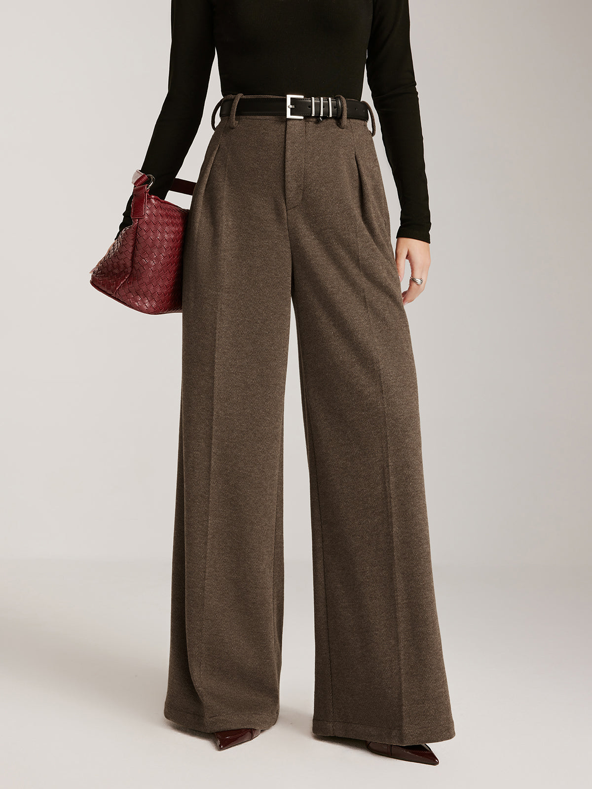 Wool-Blend Chevron Wide-Leg Pants Without Belt