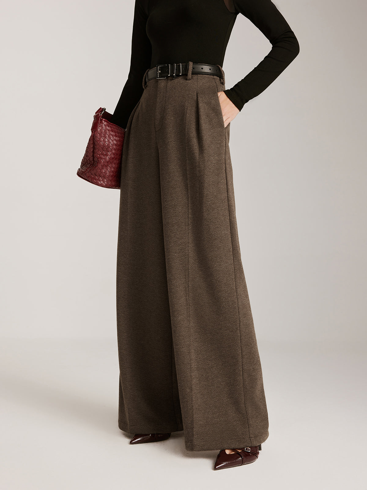 Wool-Blend Chevron Wide-Leg Pants Without Belt