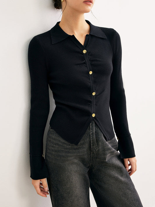 Button Split Slim Polo Sweater