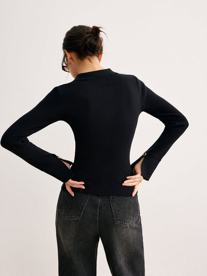 Button Split Slim Polo Sweater