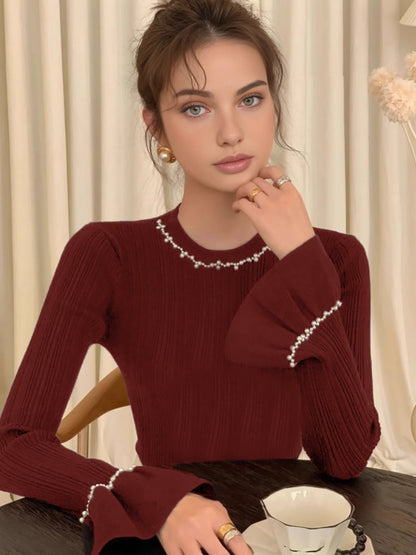 Beaded-Decor Ruffle Knit Top